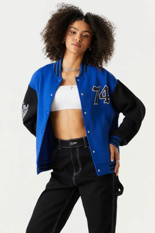 74 Dragon Graphic Oversized Varsity Jacket sold by Charlotte Russe