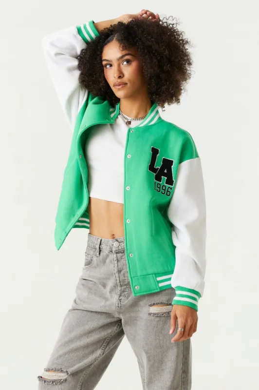 LA 1996 Graphic Oversized Varsity Jacket sold by Charlotte Russe
