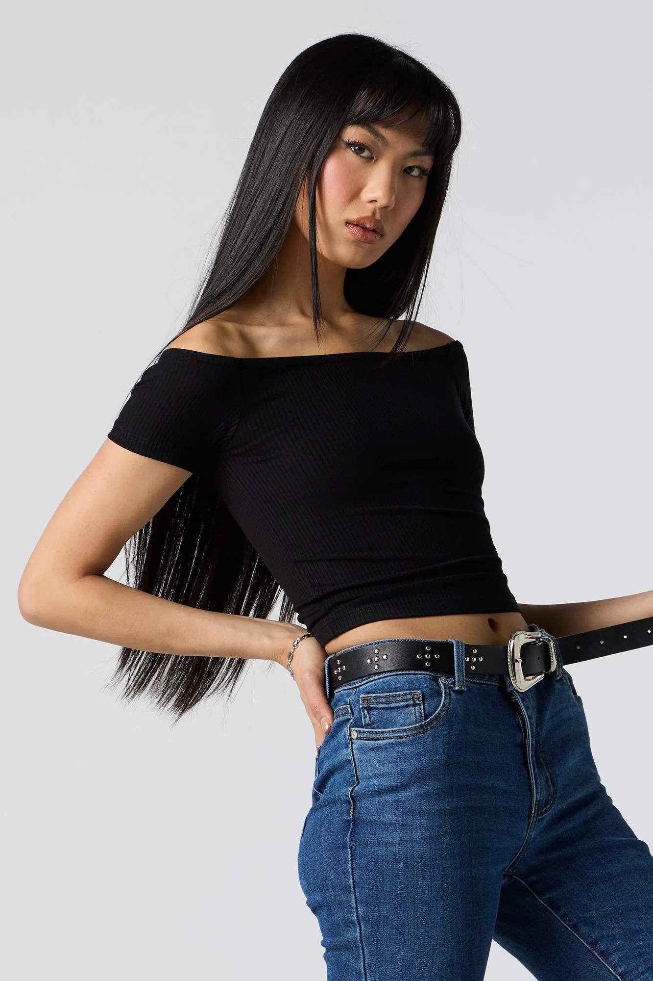 Ribbed Off Shoulder Top sold by Charlotte Russe