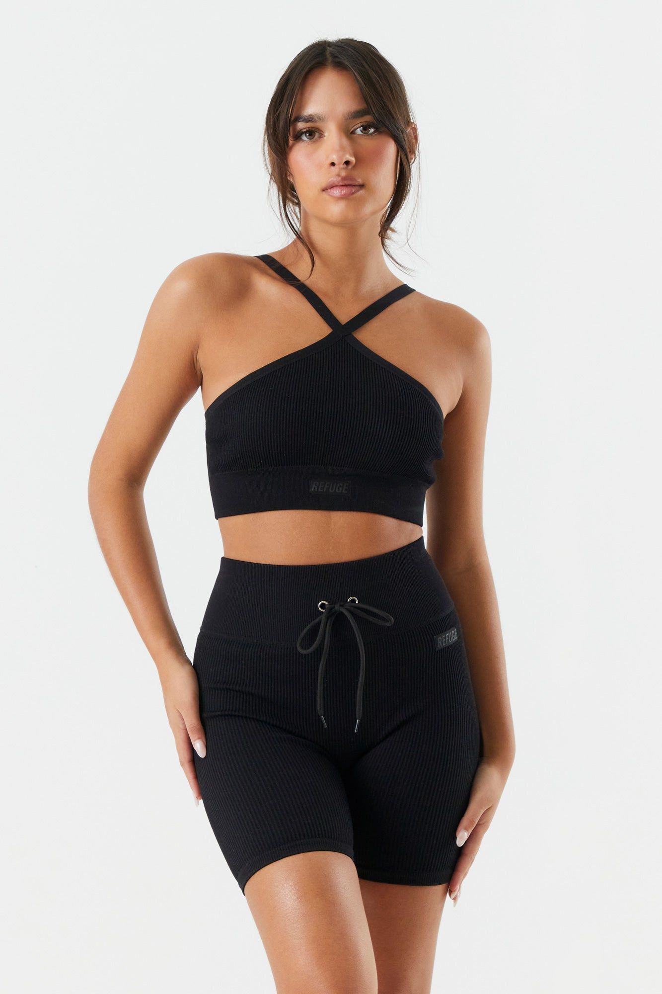 Refuge Seamless Ribbed Cross Neck Bra sold by Charlotte Russe