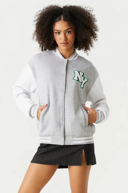 New York Graphic Oversized Varsity Jacket sold by Charlotte Russe