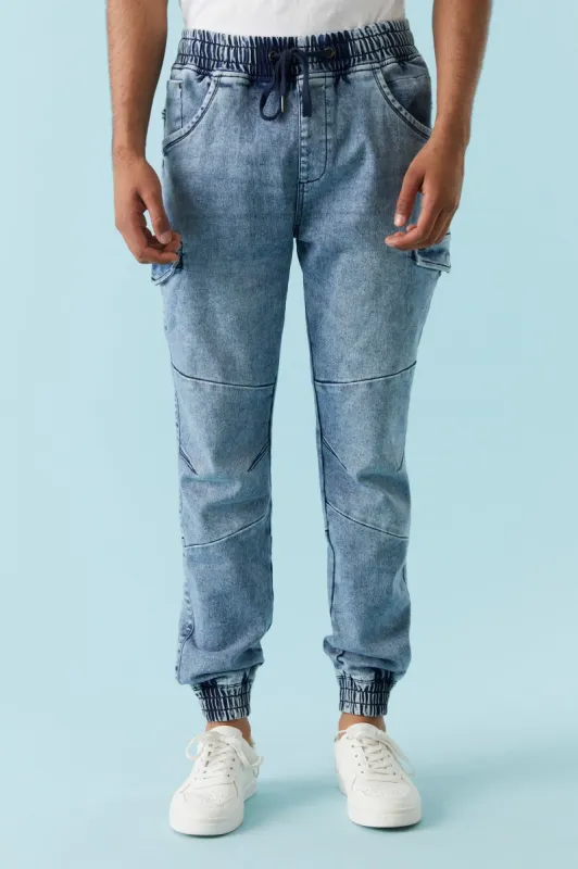 Medium Wash Denim Knit Cargo Jogger sold by Charlotte Russe