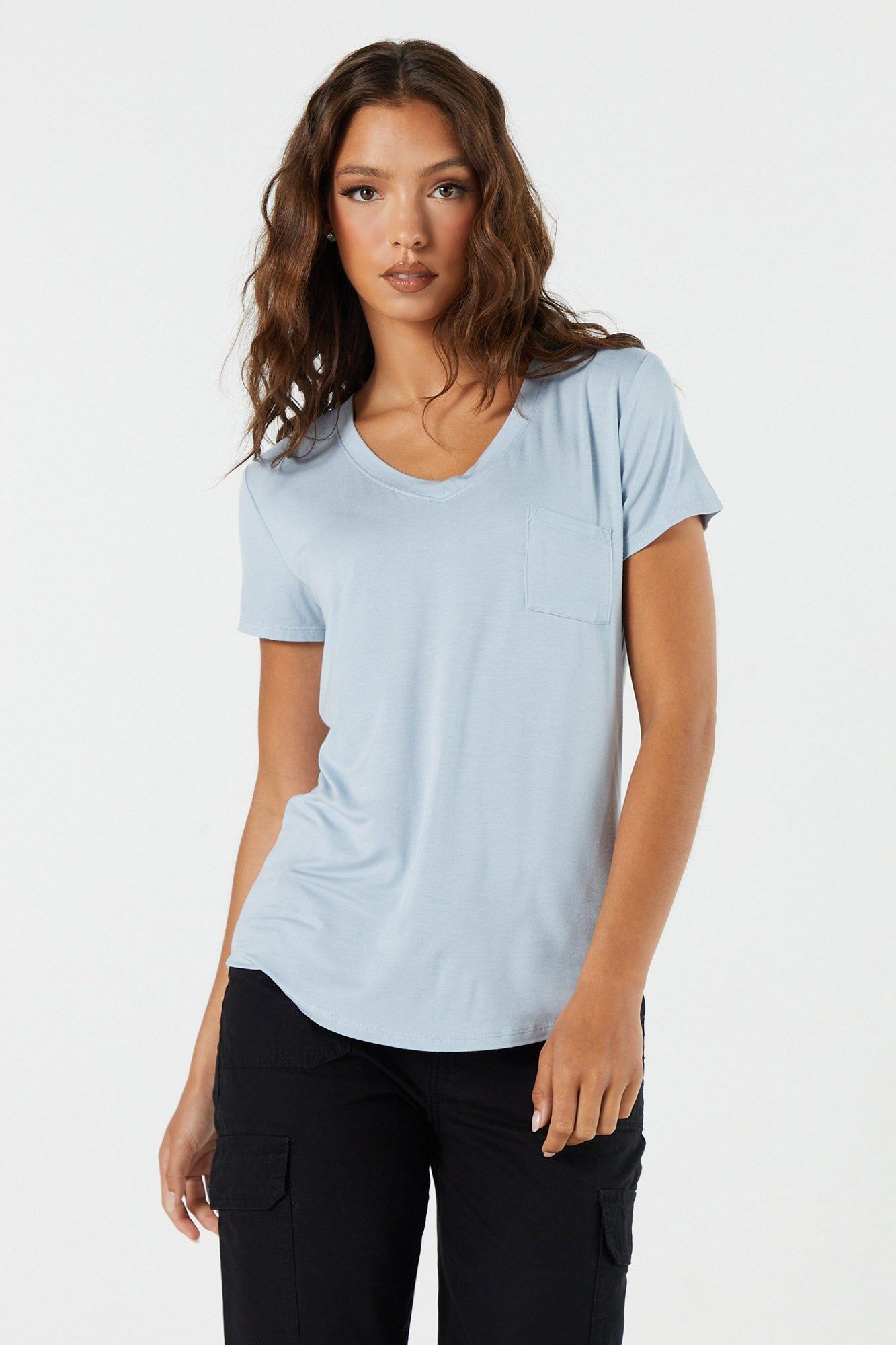 Colored Relaxed V-Neck Pocket T-Shirt sold by Charlotte Russe product image thumbnail 4
