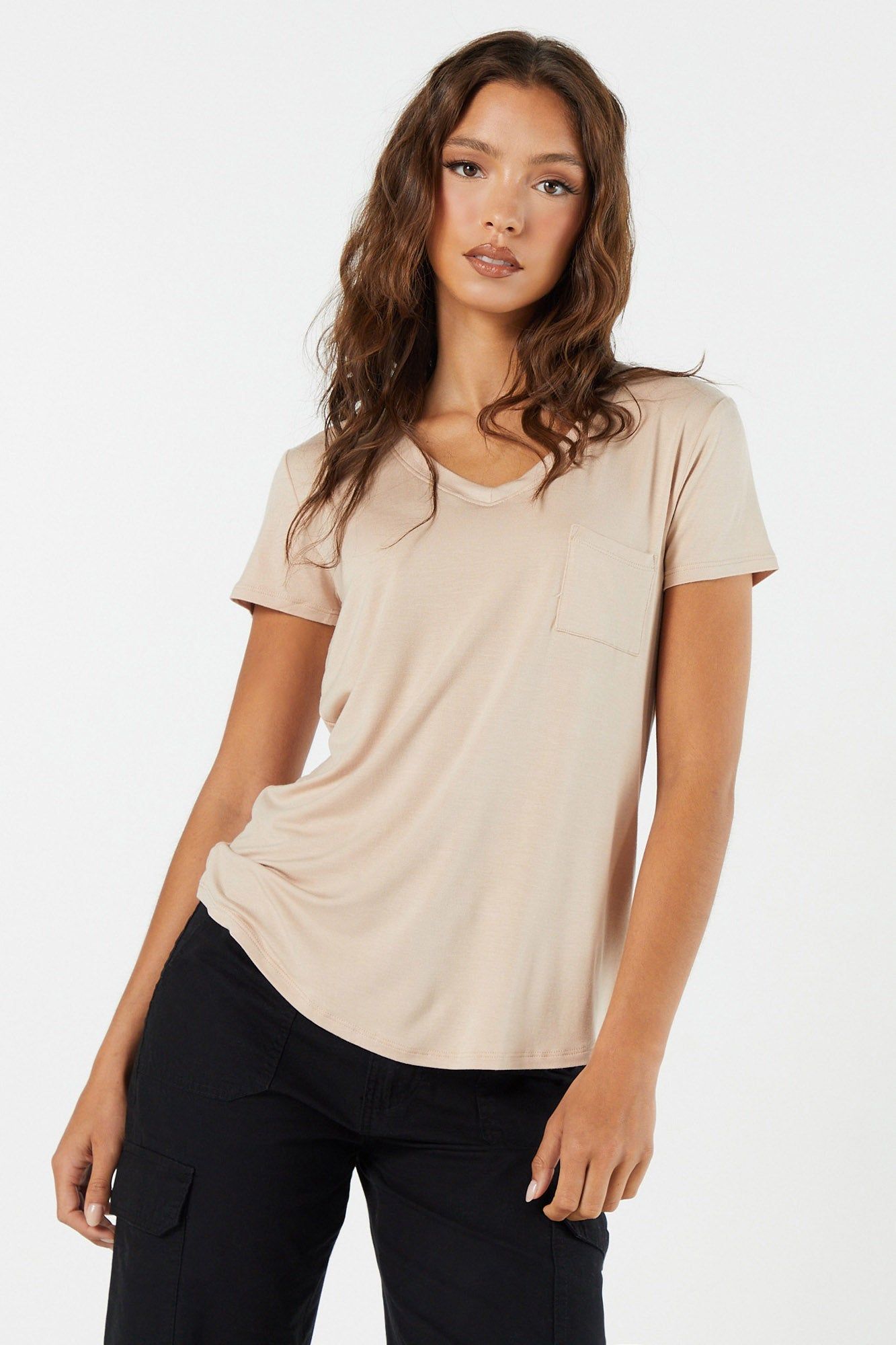 Colored Relaxed V-Neck Pocket T-Shirt sold by Charlotte Russe