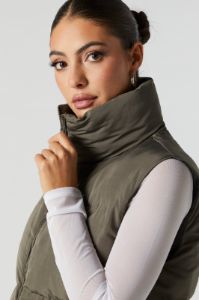 Green Zip-Up Cropped Puffer Vest sold by Charlotte Russe