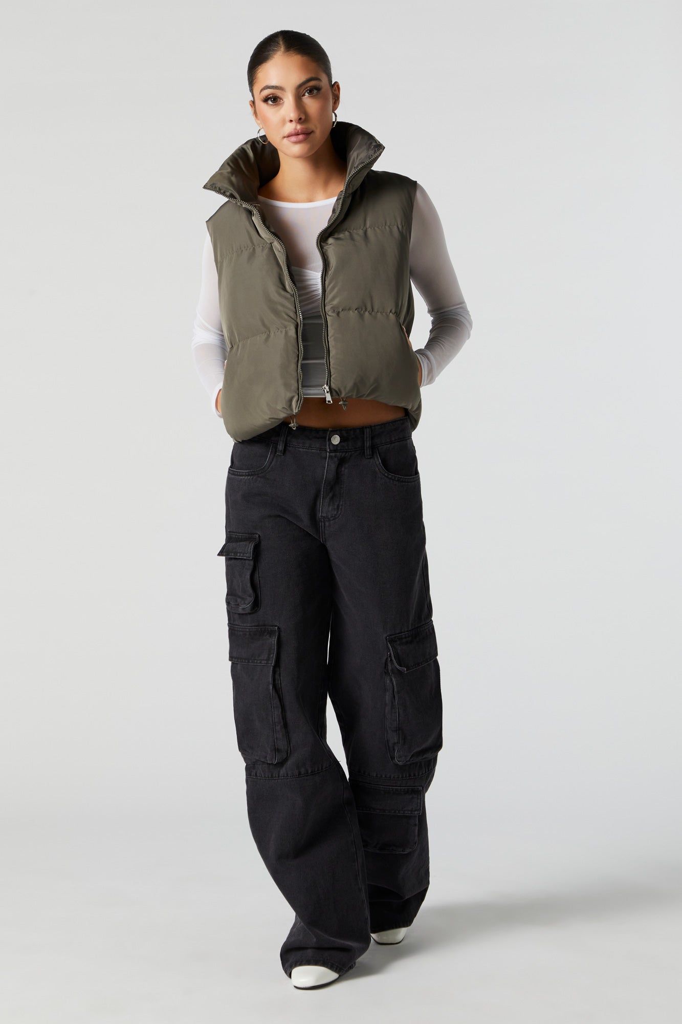 Green Zip-Up Cropped Puffer Vest sold by Charlotte Russe product image thumbnail 3