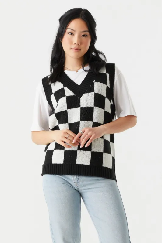 Black Checkered Print Chunky Knit Vest sold by Charlotte Russe