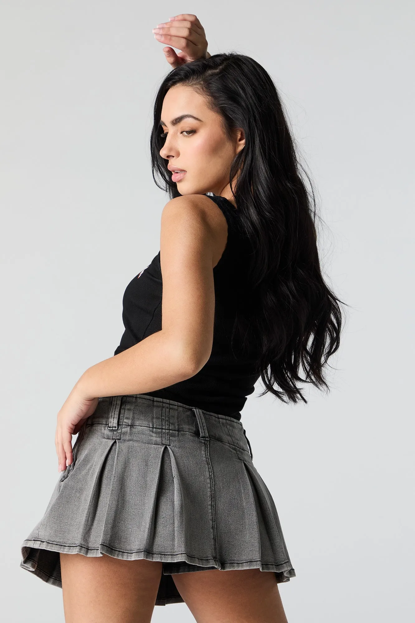 Denim Pleated Micro Mini Skort sold by Charlotte Russe product image thumbnail 2