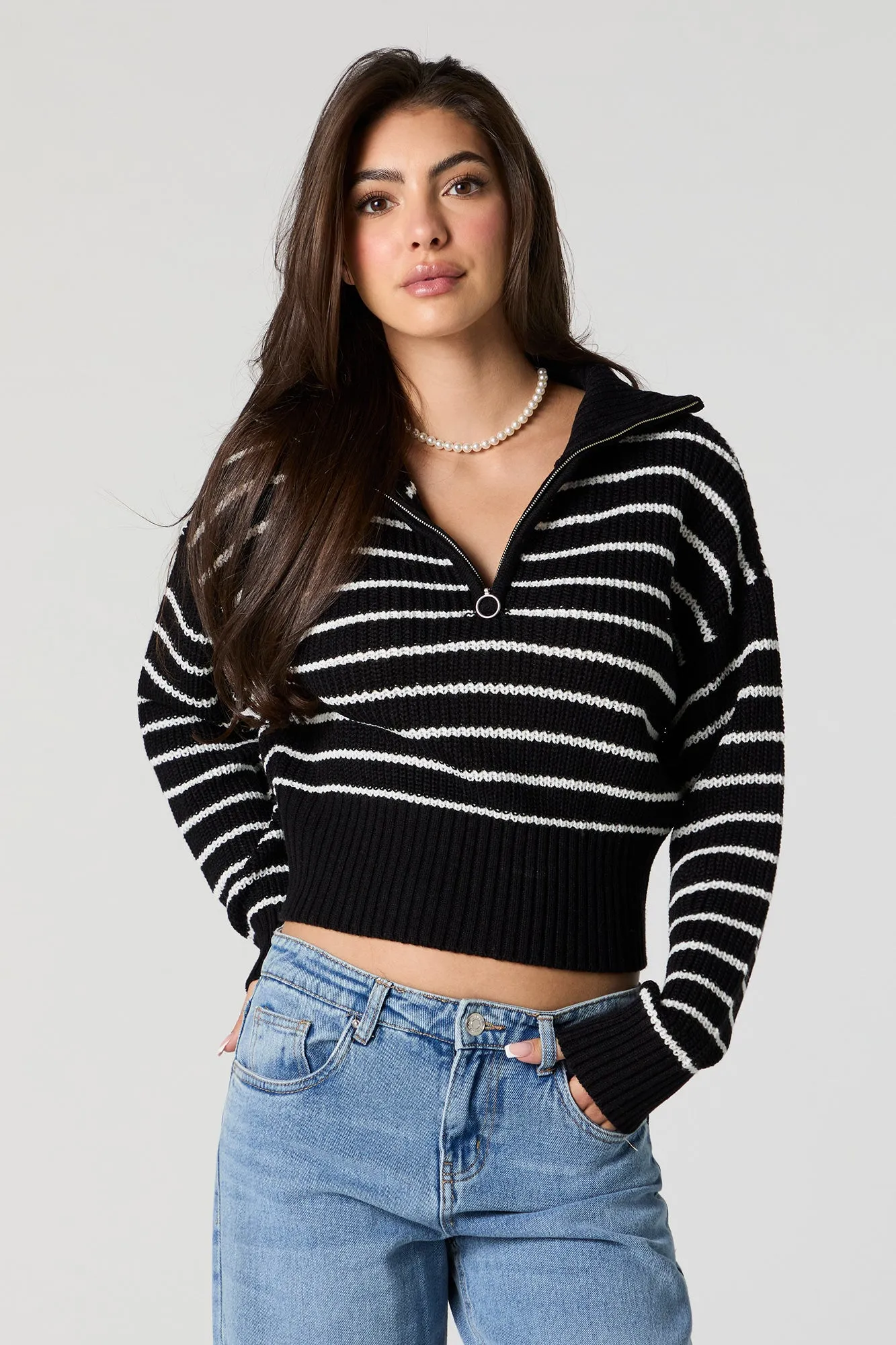Striped Ribbed Knit Quarter Zip Sweater sold by Charlotte Russe product image thumbnail 4