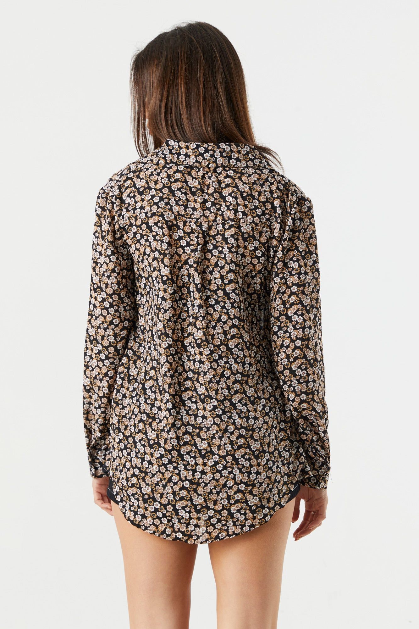 Tan Floral Print Button-Up Long Sleeve Shirt sold by Charlotte Russe product image thumbnail 2