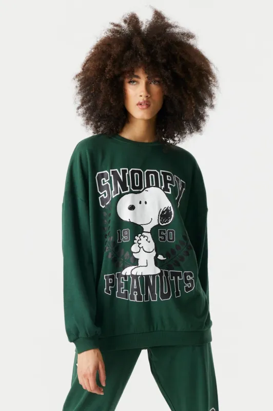 Snoopy Graphic Varsity Fleece Boyfriend Sweatshirt sold by Charlotte Russe