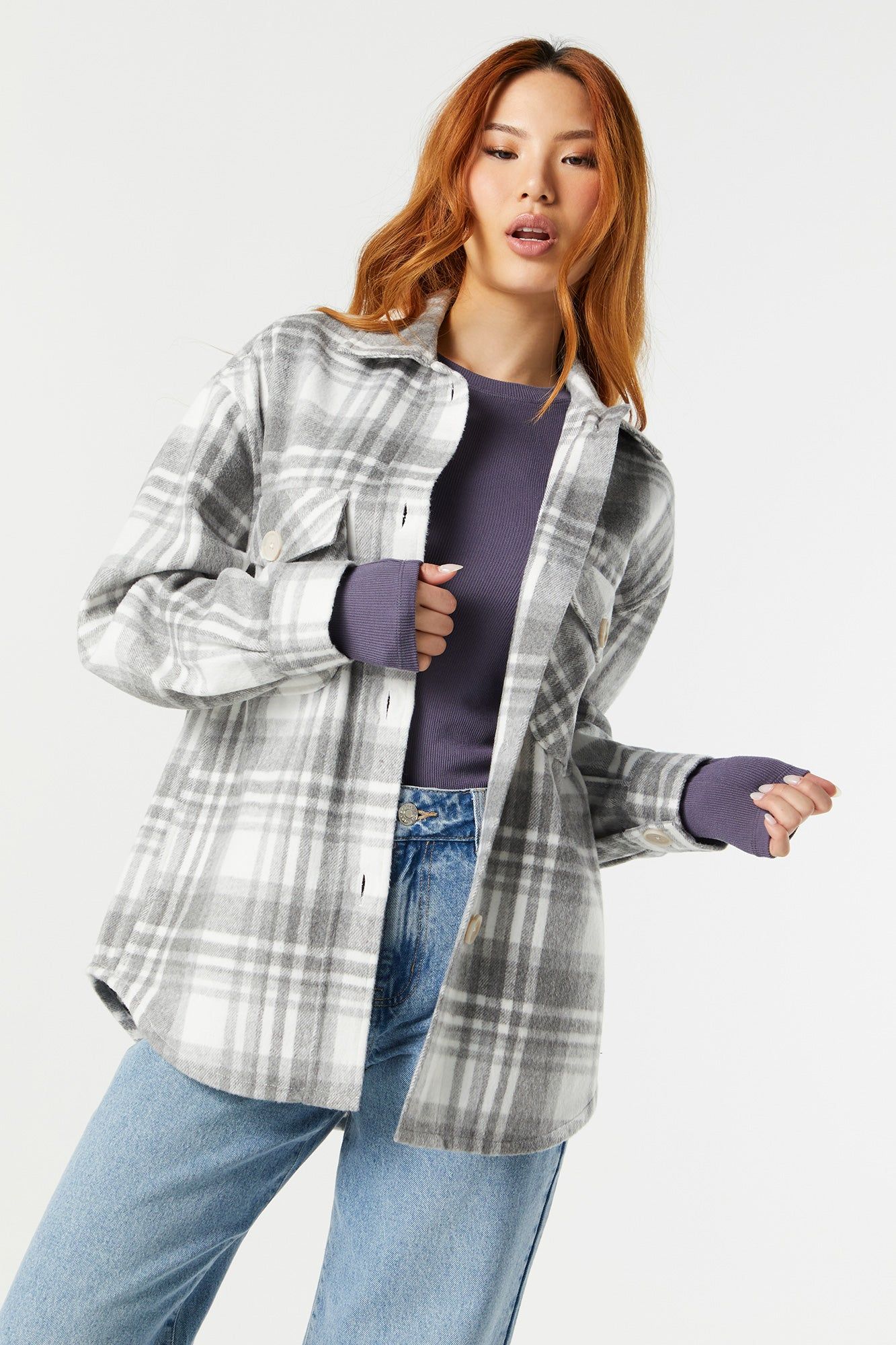 Grey Plaid Shacket sold by Charlotte Russe
