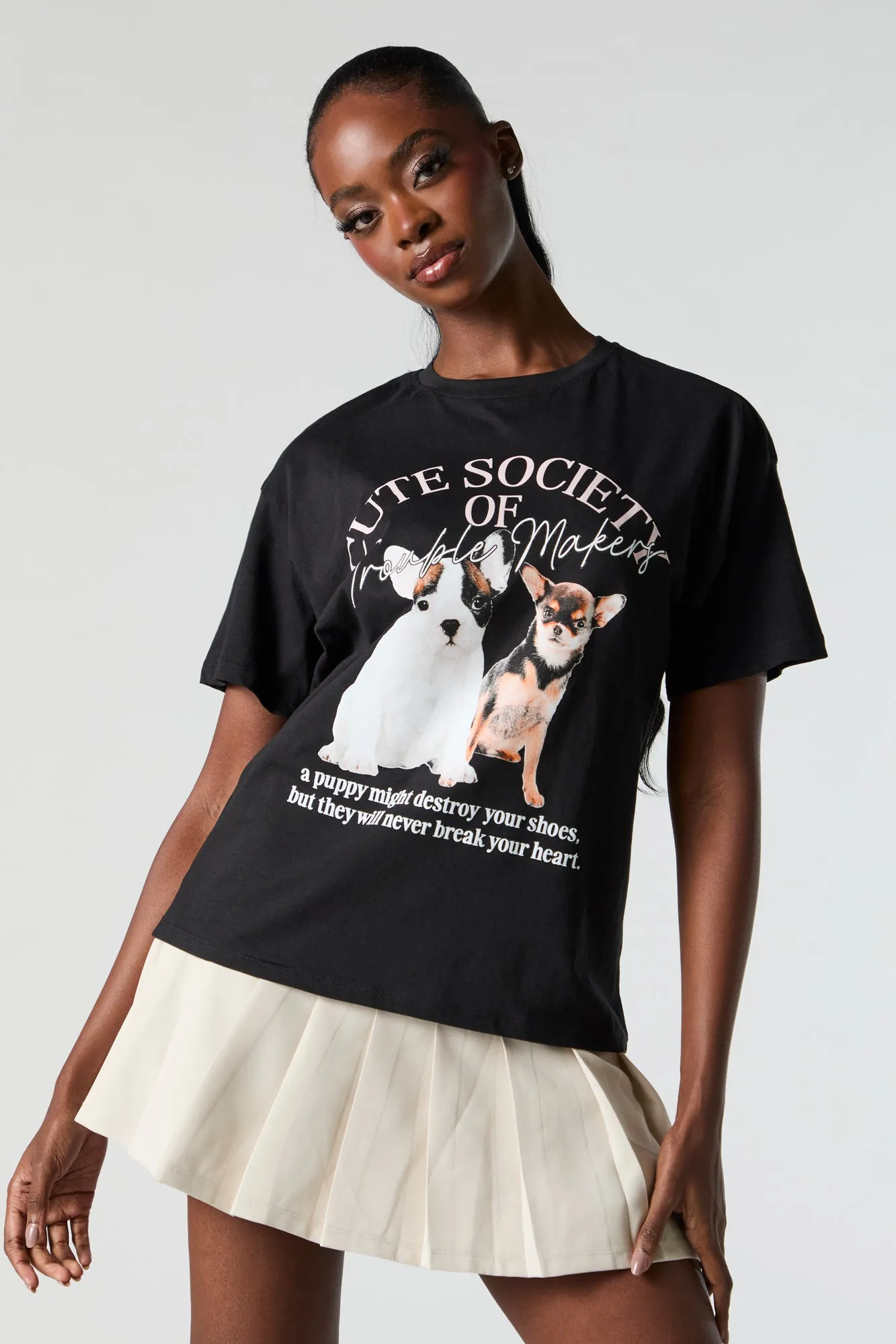 Puppy Trouble Makers Graphic Boyfriend T-Shirt sold by Charlotte Russe