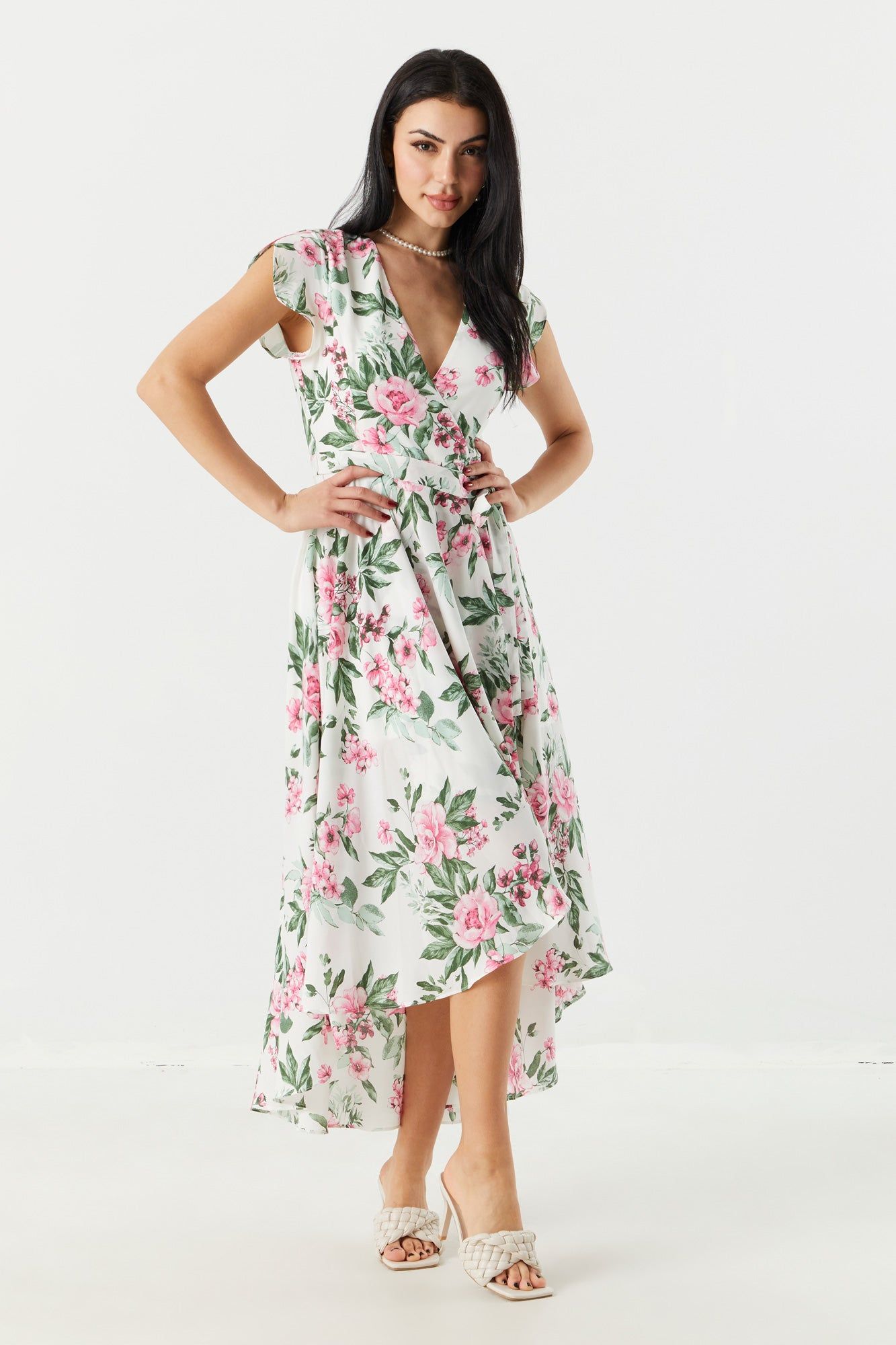 White Floral Surplice High-Low Wrap Dress sold by Charlotte Russe product image thumbnail 3