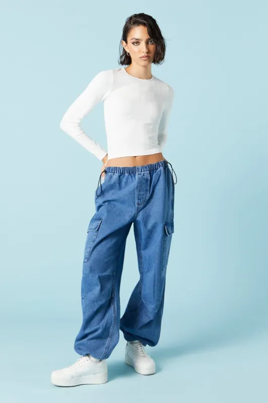 Medium Wash Denim Cargo Parachute Jean sold by Charlotte Russe