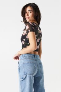 Black Floral Mesh Sleeve Corset Top sold by Charlotte Russe
