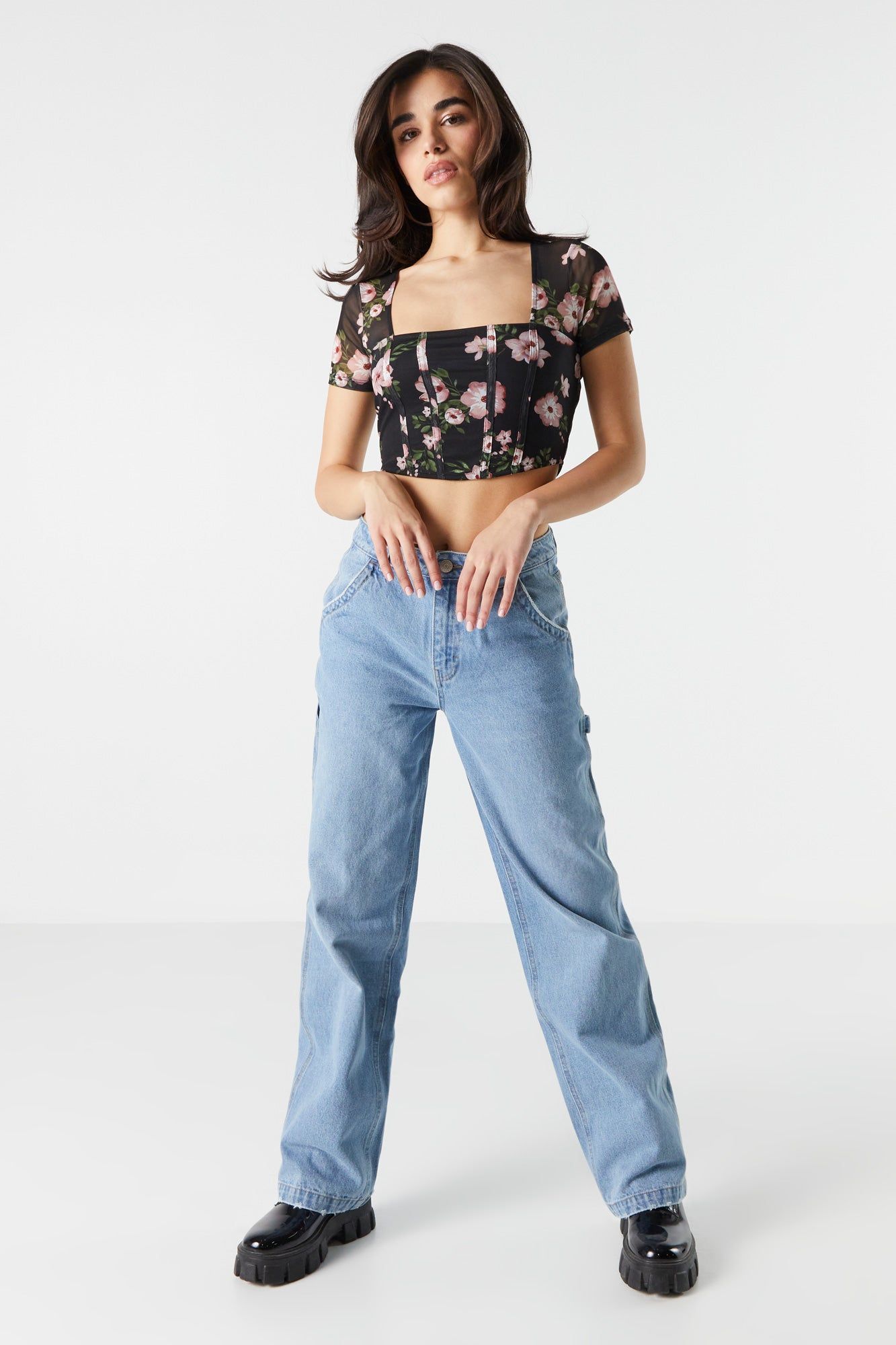 Black Floral Mesh Sleeve Corset Top sold by Charlotte Russe product image thumbnail 3