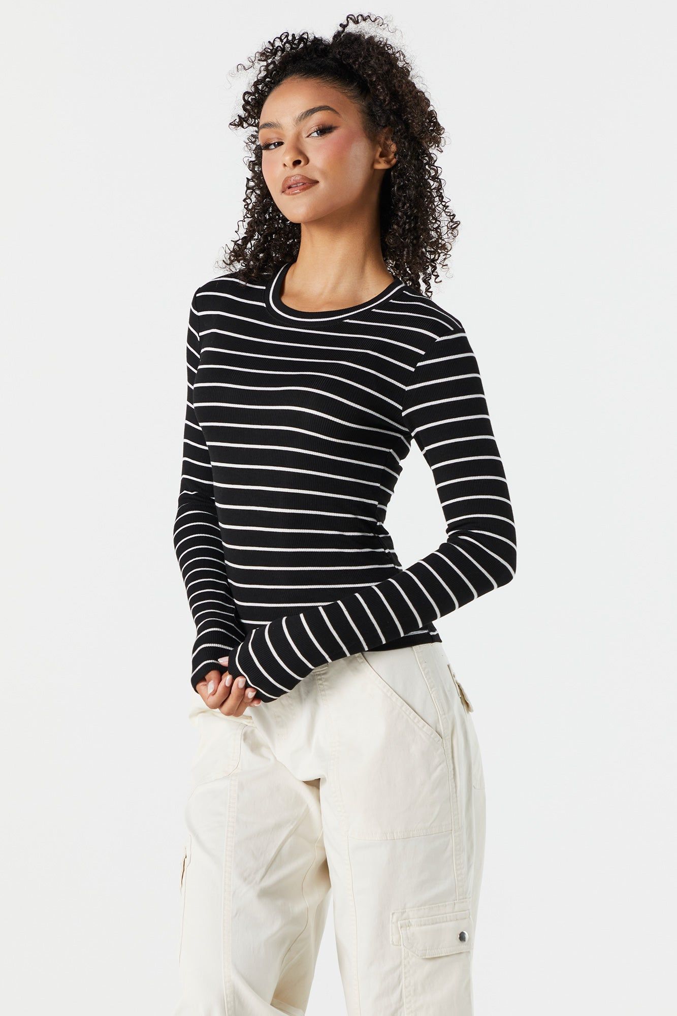 Striped Ribbed Crewneck Long Sleeve Skimmer Top sold by Charlotte Russe