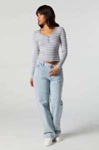 Striped Ribbed Henley Long Sleeve Top sold by Charlotte Russe