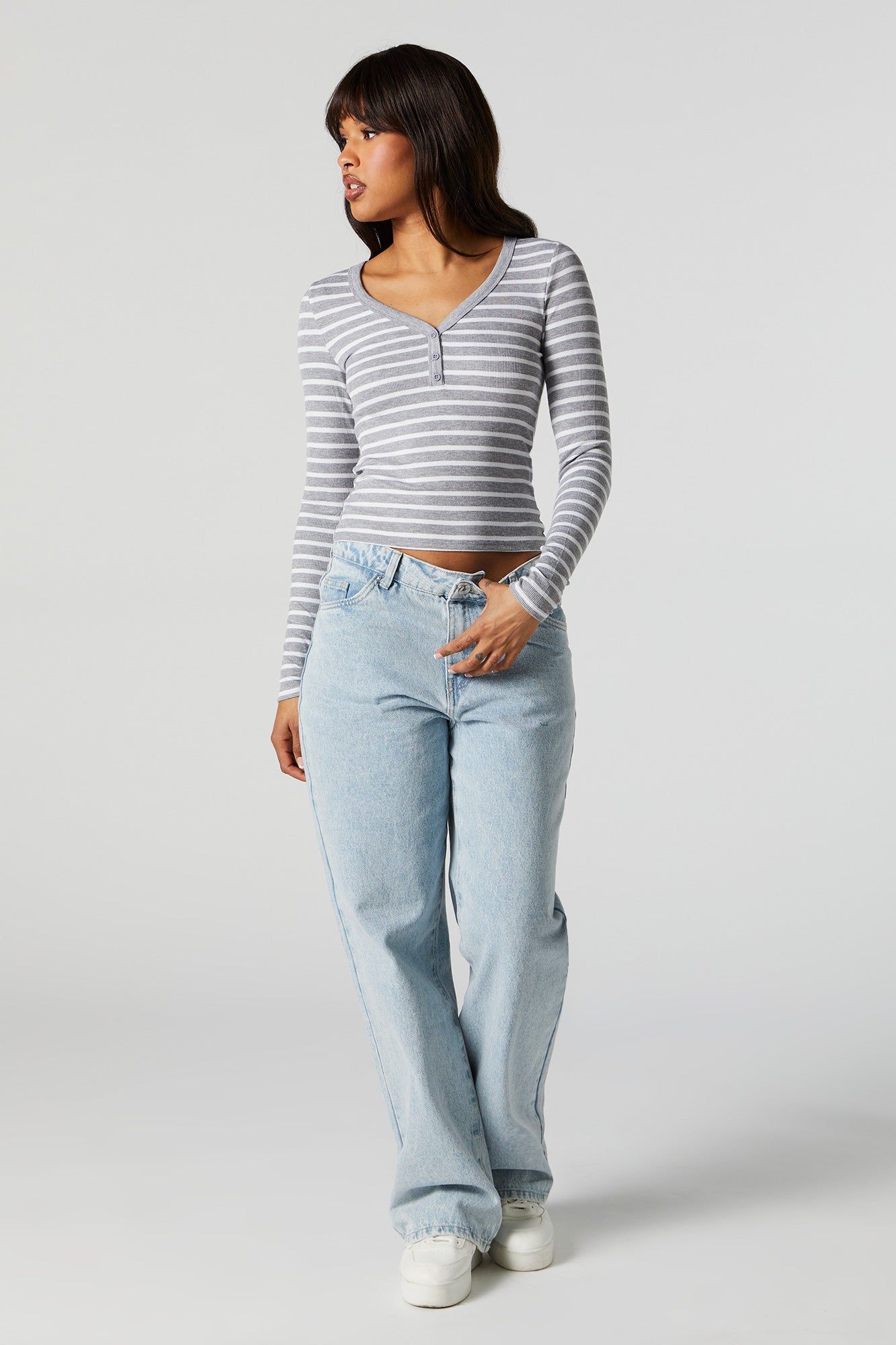 Striped Ribbed Henley Long Sleeve Top sold by Charlotte Russe product image thumbnail 3
