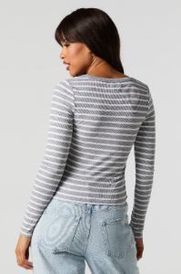 Striped Ribbed Henley Long Sleeve Top sold by Charlotte Russe