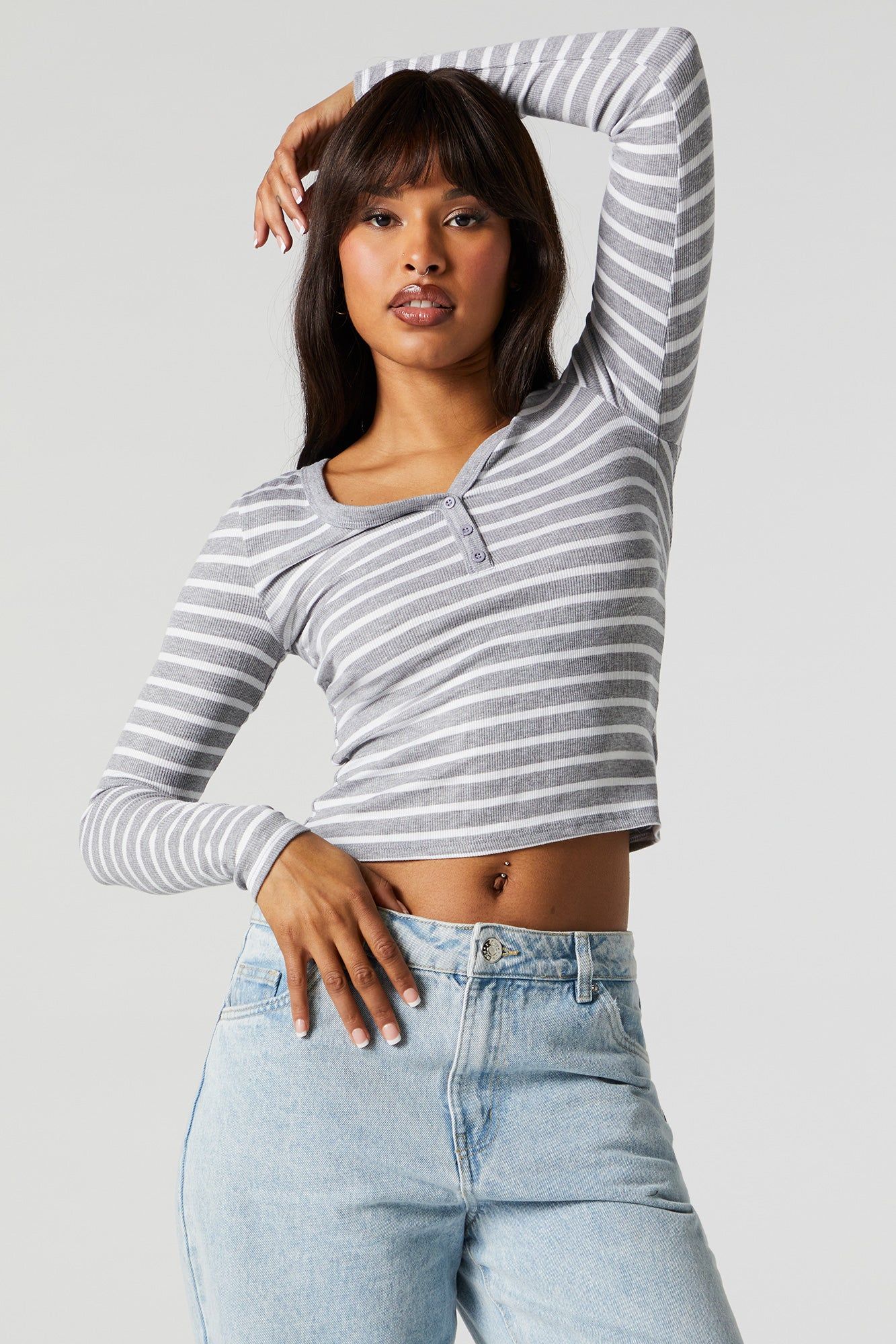 Striped Ribbed Henley Long Sleeve Top sold by Charlotte Russe