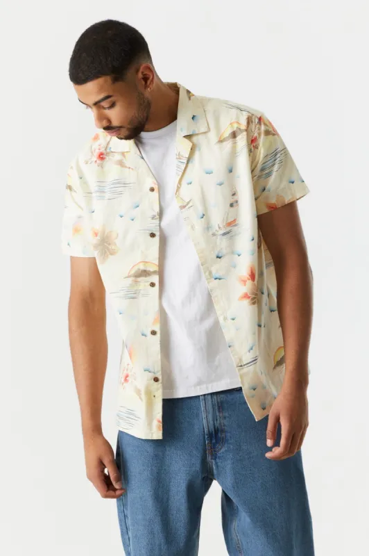 Paradise Print Button-Up Shirt sold by Charlotte Russe