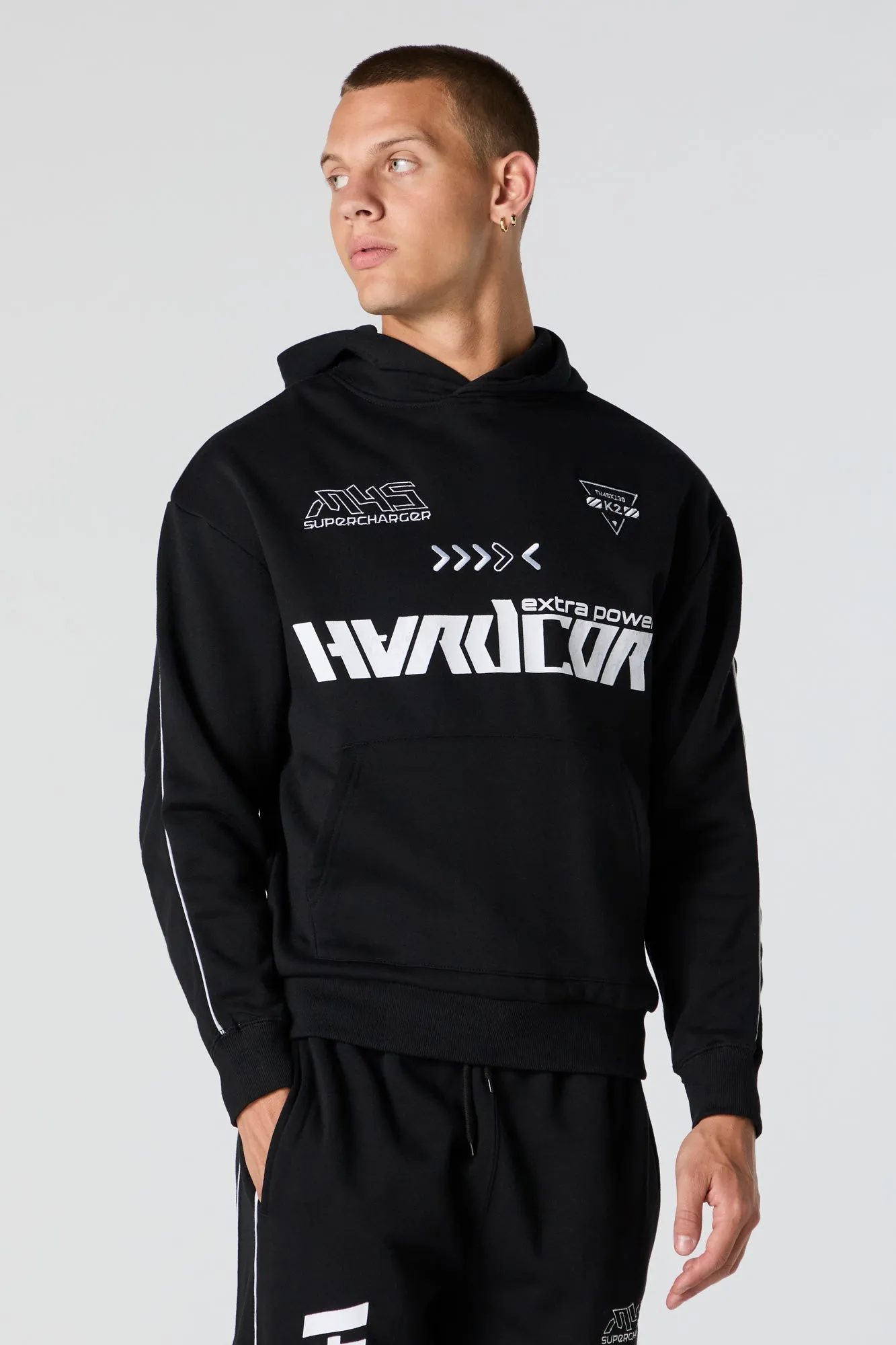 Racing Embroidered Graphic Fleece Hoodie sold by Charlotte Russe