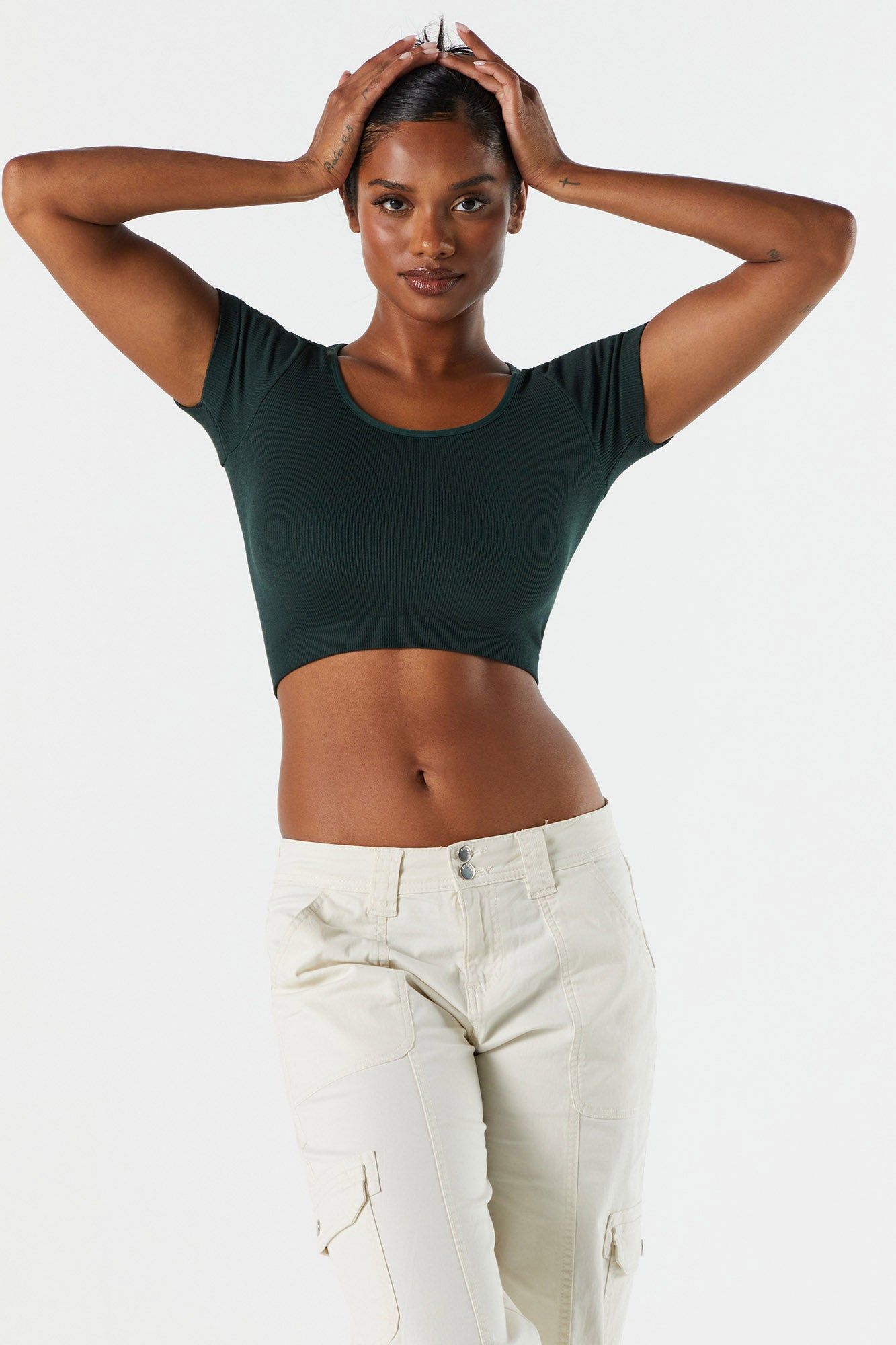 Seamless Ribbed Round Neck Cropped T-Shirt sold by Charlotte Russe