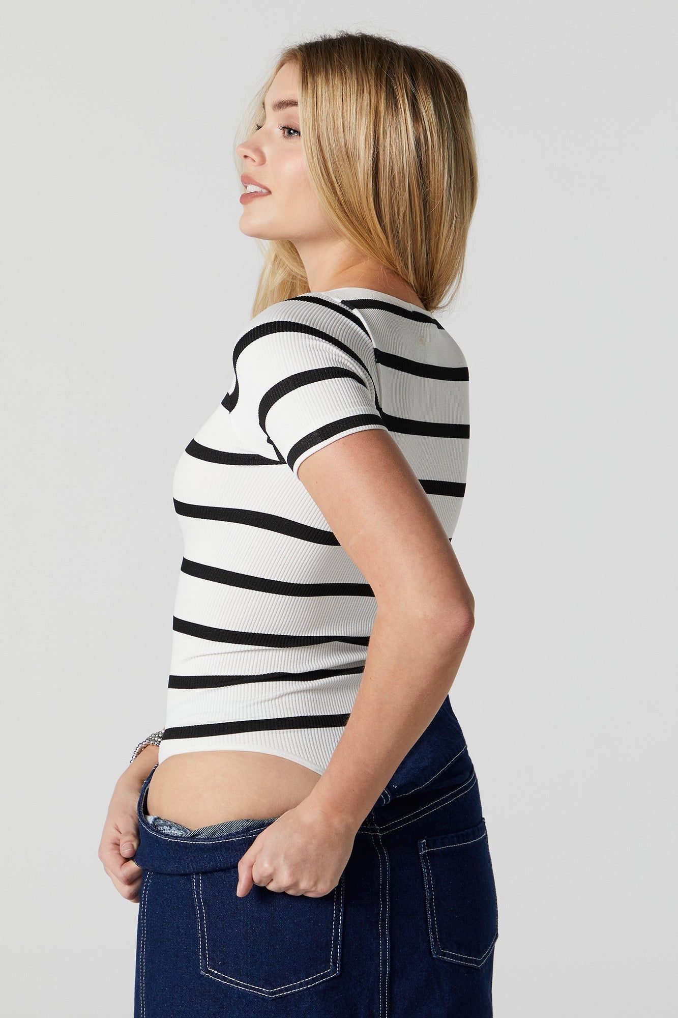 Striped Ribbed Short Sleeve Bodysuit sold by Charlotte Russe product image thumbnail 4