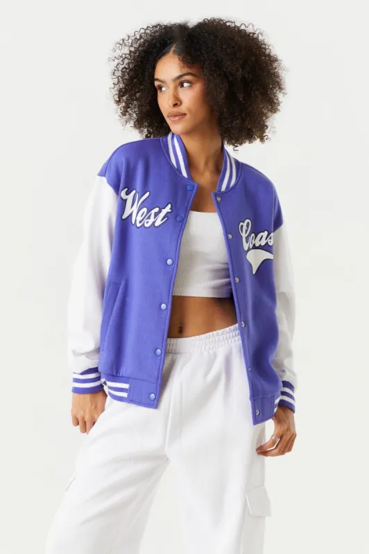 West Coast Graphic Oversized Varsity Jacket sold by Charlotte Russe