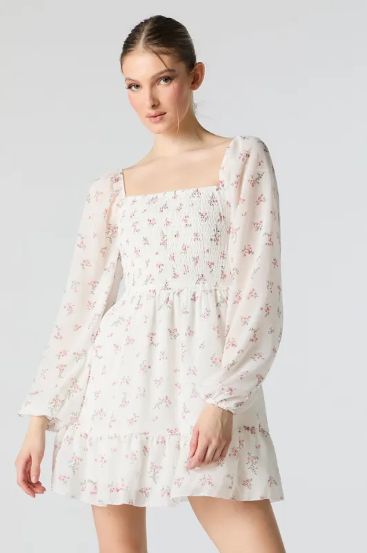 White Floral Smocked Long Sleeve Mini Dress sold by Charlotte Russe