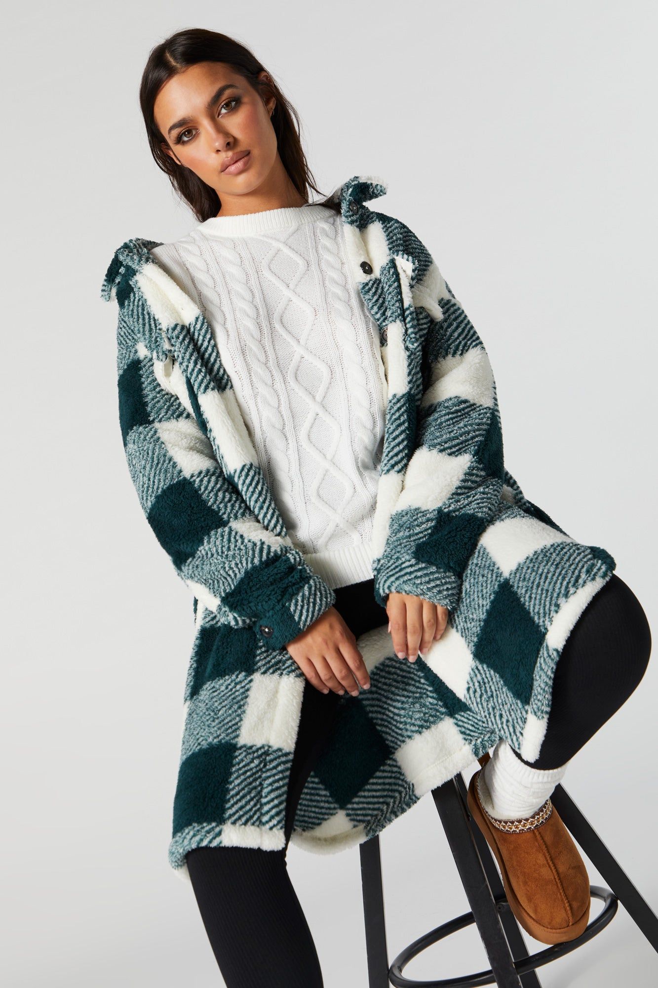 Plaid Sherpa Longline Shacket sold by Charlotte Russe