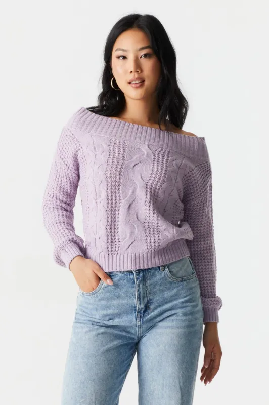 Off The Shoulder Cable Knit Sweater sold by Charlotte Russe