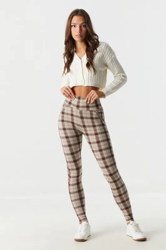 Soft Taupe Plaid High-Rise Zip Pocket Legging sold by Charlotte Russe