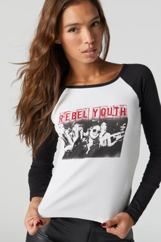 Rebel Youth Graphic Raglan Long Sleeve Top sold by Charlotte Russe