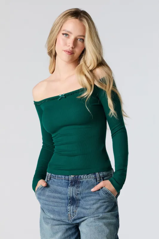 Ribbed Lace Bow Trim Off Shoulder Long Sleeve Top sold by Charlotte Russe