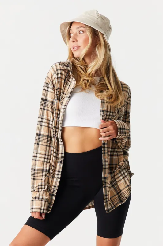 Tan Plaid Boyfriend Shirt sold by Charlotte Russe