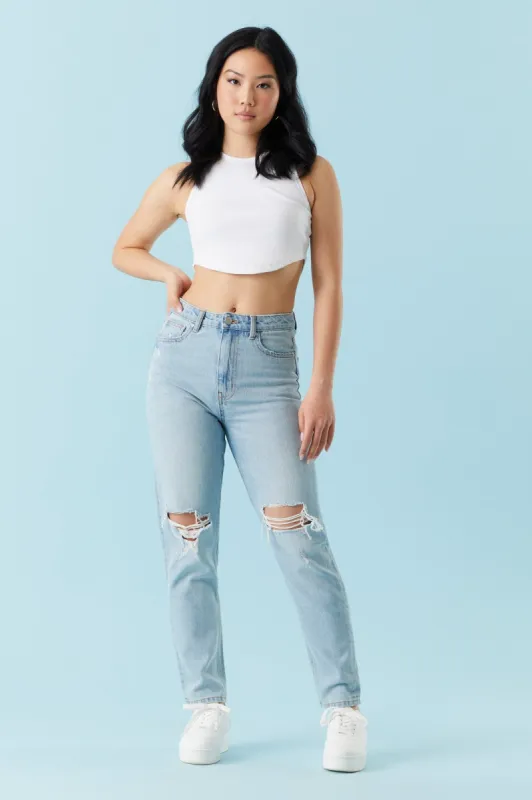 Refuge High-Rise Light Wash Distressed Mom Jean sold by Charlotte Russe