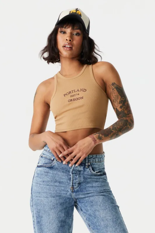 Ribbed Portland Graphic Cropped Tank Top sold by Charlotte Russe