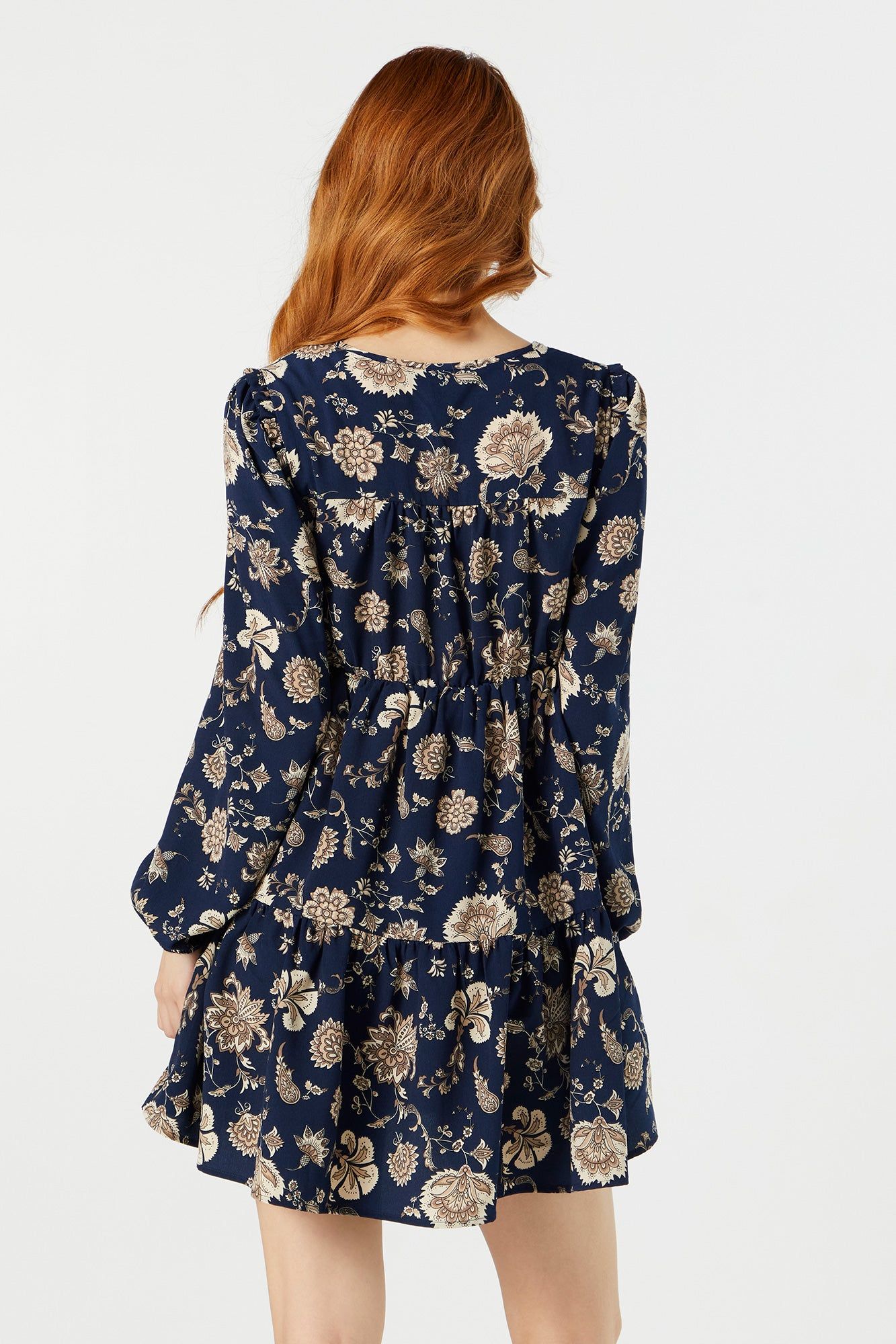 Navy Floral Long Sleeve Tiered Babydoll Dress sold by Charlotte Russe product image thumbnail 2