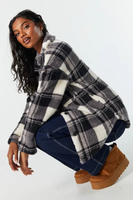 Plush Plaid Shacket sold by Charlotte Russe