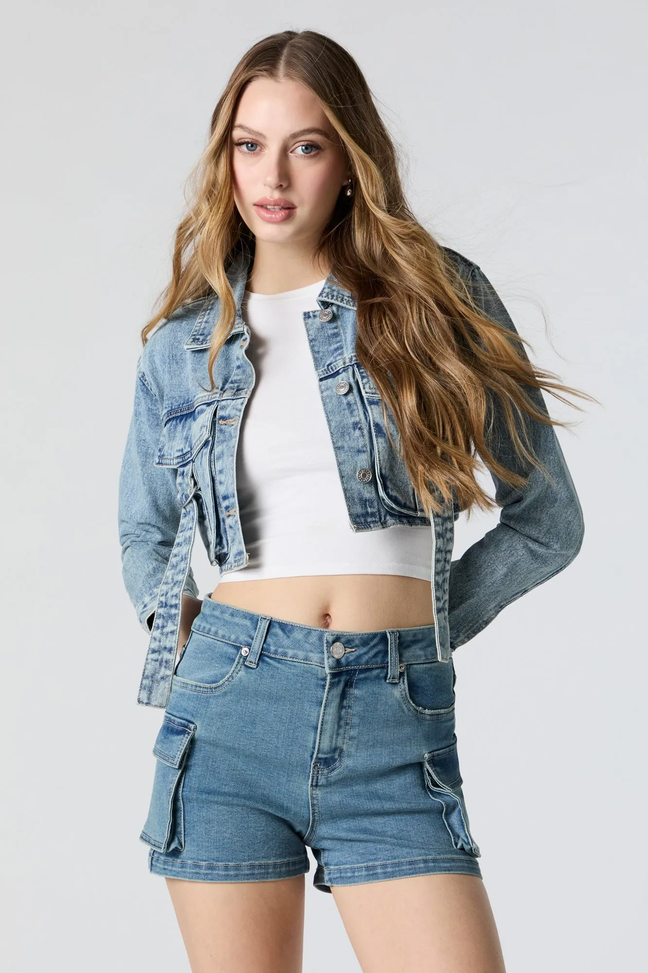 D-Ring Cropped Denim Jacket sold by Charlotte Russe product image thumbnail 4