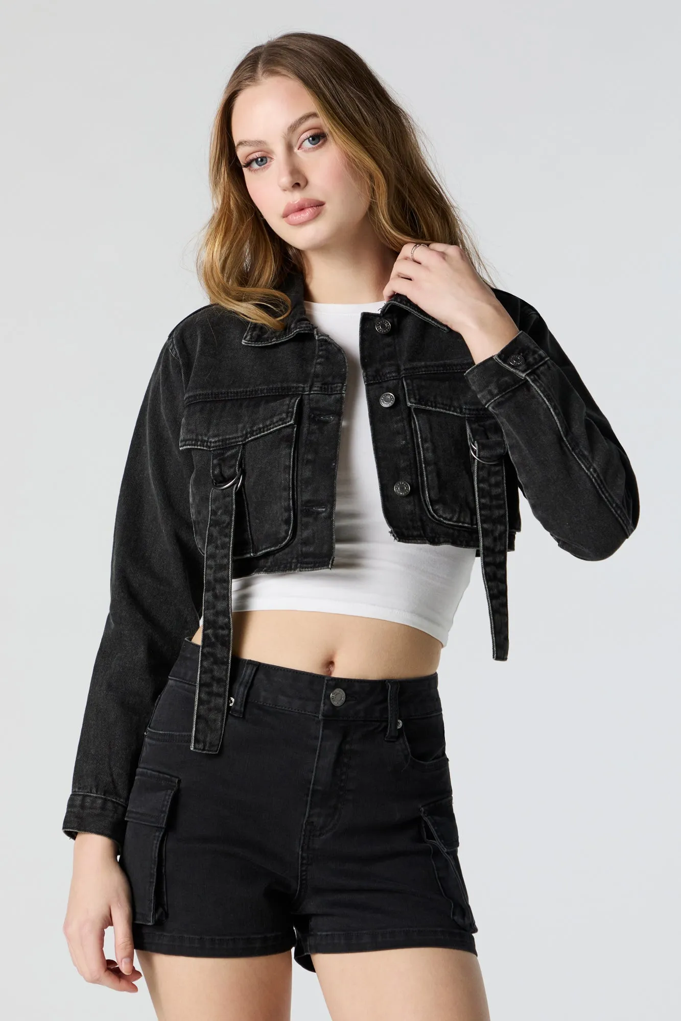 D-Ring Cropped Denim Jacket sold by Charlotte Russe