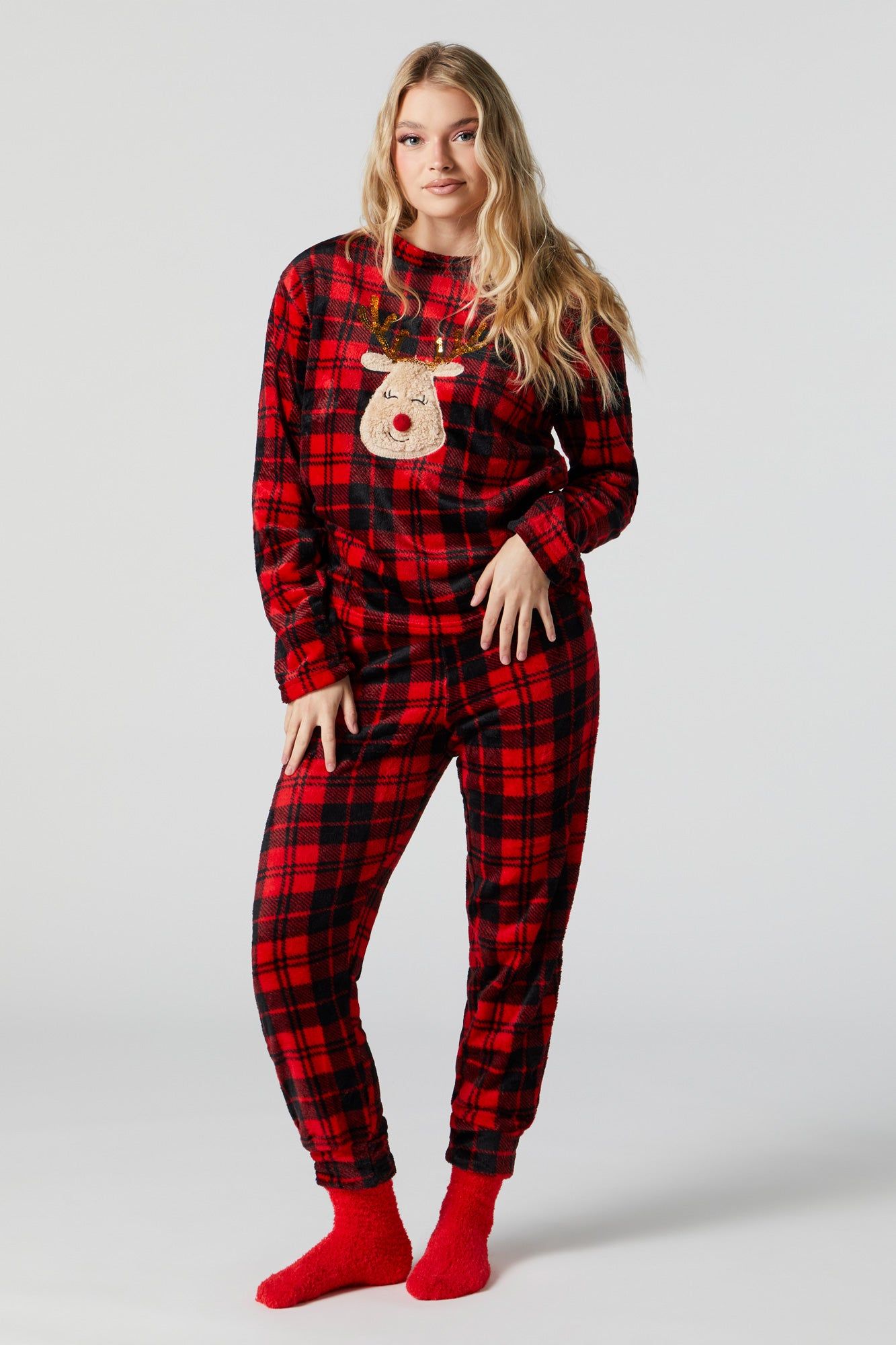 Plush Plaid Reindeer 3 Piece Pajama Set sold by Charlotte Russe product image thumbnail 2