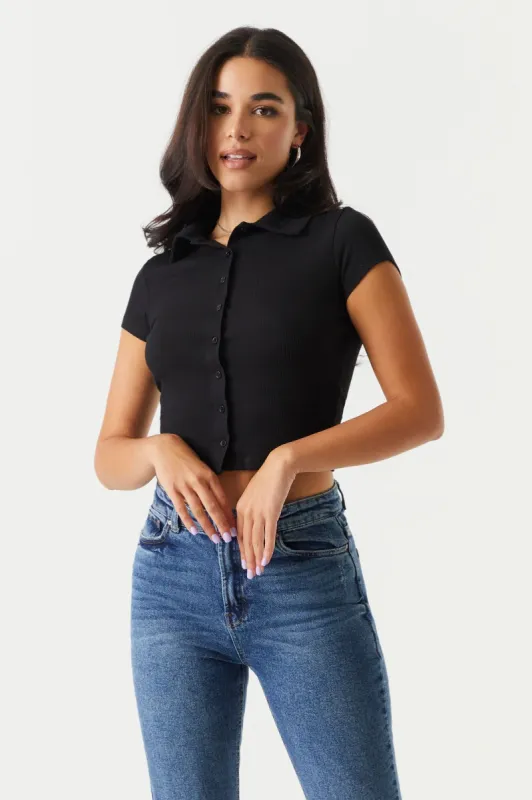 Soft Ribbed Button-Up Cropped Polo T-Shirt sold by Charlotte Russe