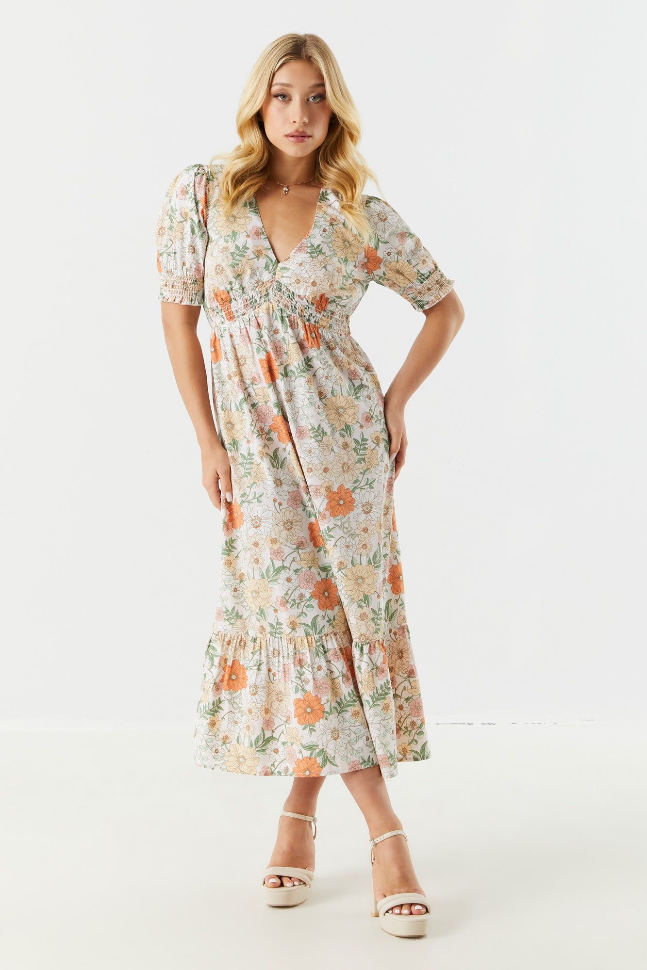 Orange Floral Print Tiered Midi Dress sold by Charlotte Russe