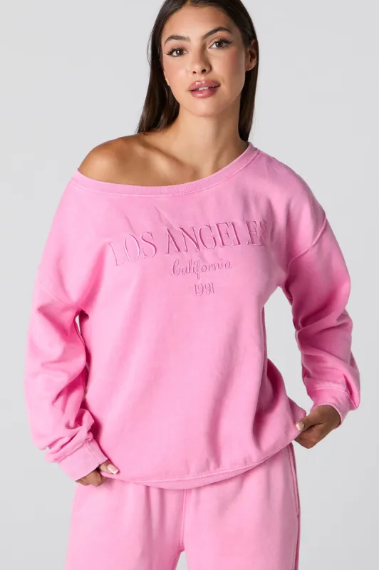 Embroidered Washed Off Shoulder Fleece Sweatshirt sold by Charlotte Russe