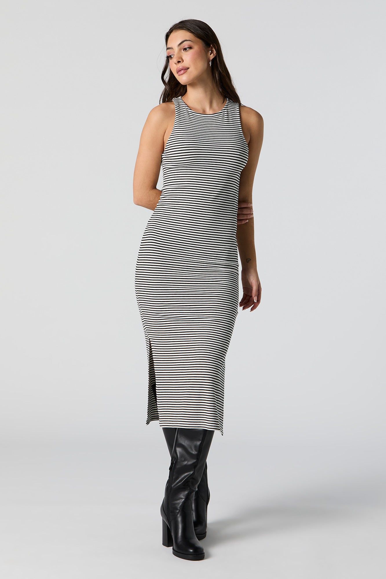 Striped Ribbed Double Slit Bodycon Midi Dress sold by Charlotte Russe
