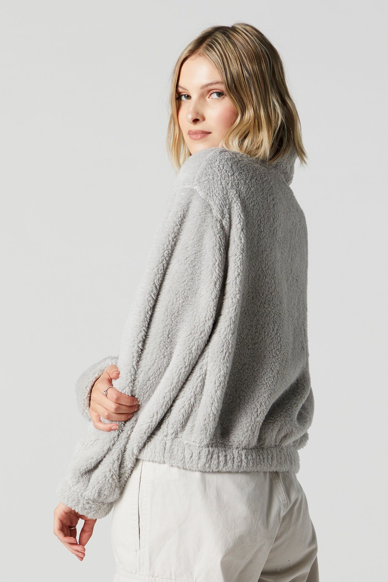 Grey Plush Bomber Jacket sold by Charlotte Russe product image thumbnail 2